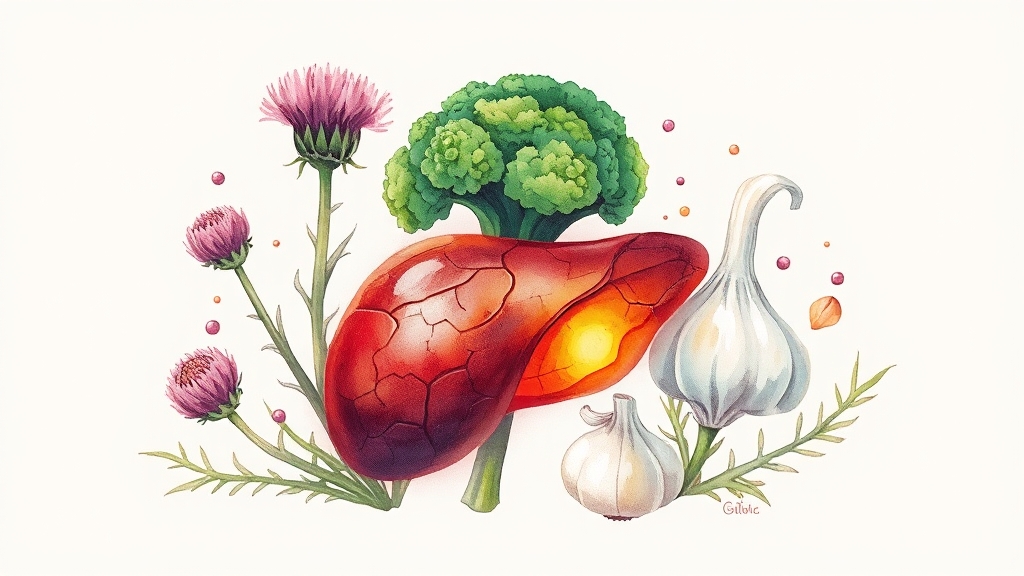 간 건강에 도움이 되는 음식 및 영양제 (illustration 스타일)