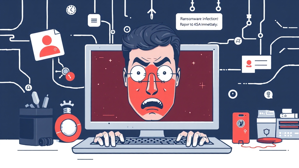 랜섬웨어 감염 확인 및 초기 대응 (illustration 스타일)
