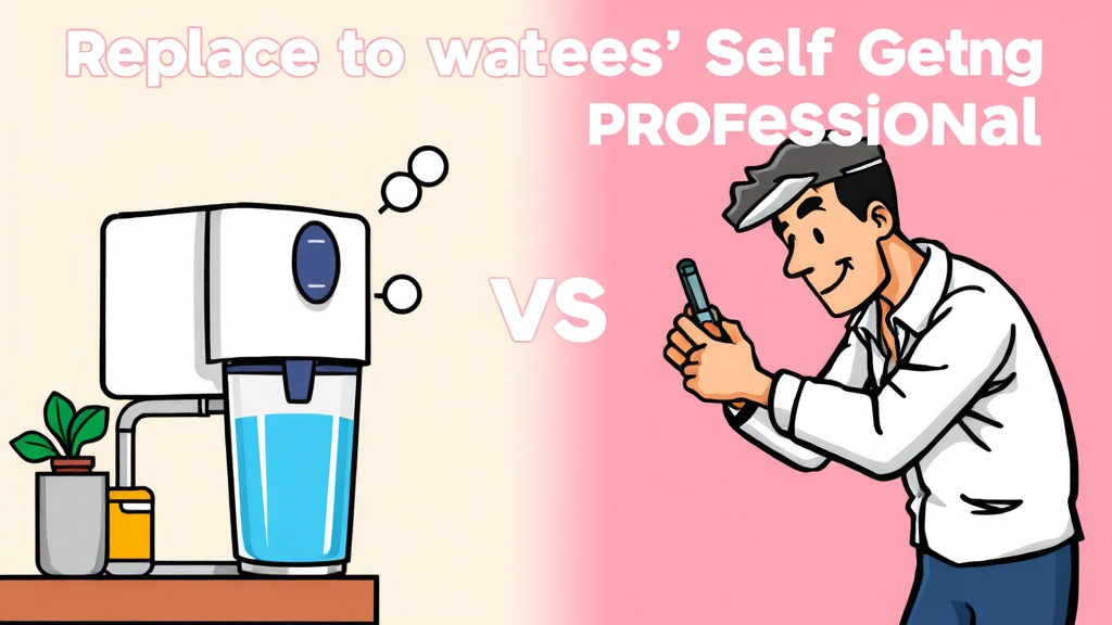 정수기 필터, 직접 교체 vs 전문가 도움 (cartoon 스타일)