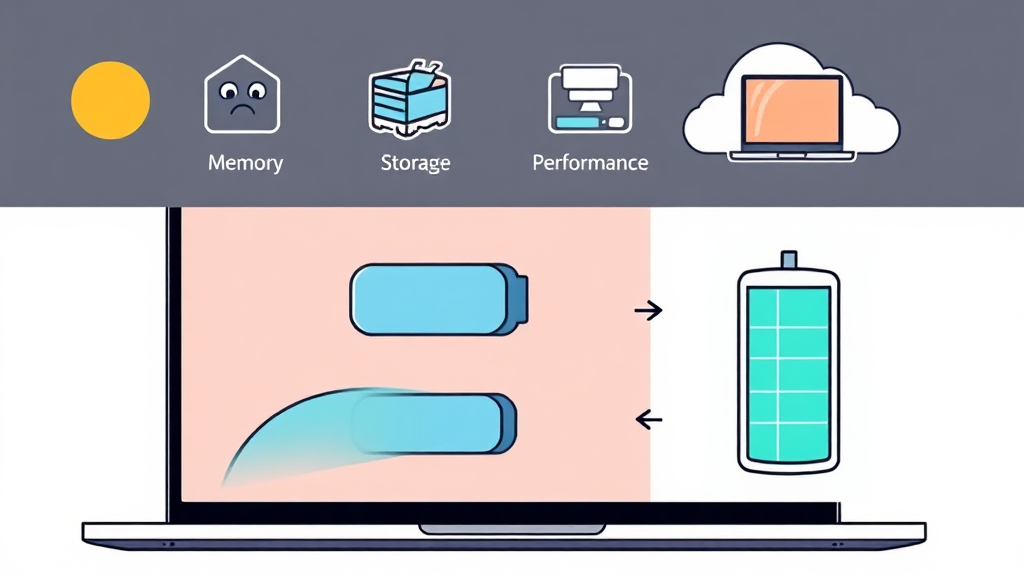 맥북 네오의 메모리, 저장 공간, 그리고 배터리 성능 (cartoon 스타일)