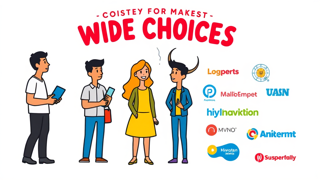 믿을 수 있는 알뜰폰 선택 가이드: 통신 3사 자회사부터 독립 사업자까지 (cartoon 스타일)